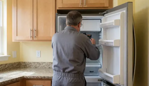 Technician in gray uniform repairing an open refrigerator in a kitchen with wooden cabinets and pale yellow walls