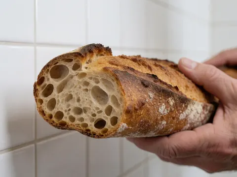 Close-up of a golden baguette crust with an open crumb structure, highlighting artisanal bread details for bakery businesses.