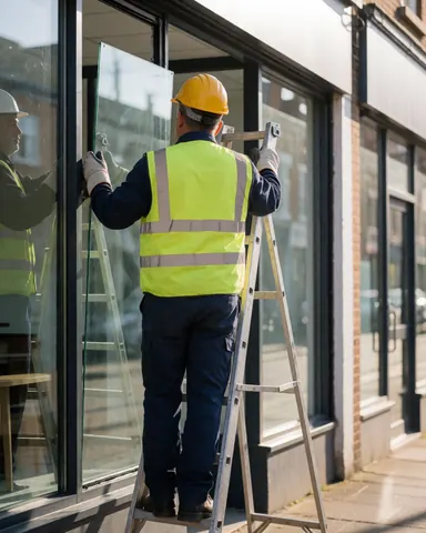 A glazier wearing a helmet and yellow vest installs a tempered glass panel in a commercial store with a ladder and morning light.