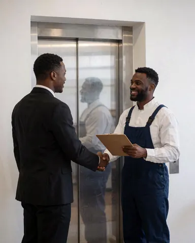 Elevator technician in uniform shaking hands with a suited client in front of an elevator, showing satisfaction with the completed service.