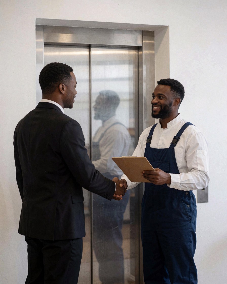 Elevator technician in uniform shaking hands with a suited client in front of an elevator, showing satisfaction with the completed service.