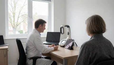 Dermatologist in white coat using skin scanner during client consultation with wooden table and natural light