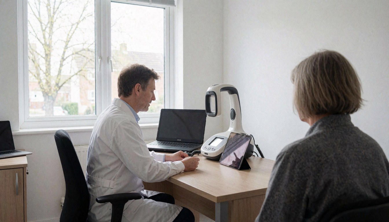 Dermatologist in white coat using skin scanner during client consultation with wooden table and natural light
