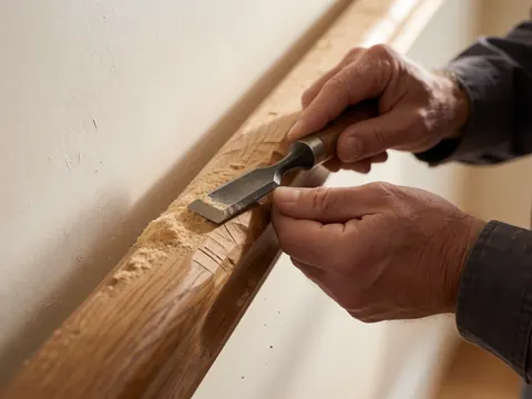 Close-up of a chisel carving wood, showing sawdust and wood grain texture with natural lighting