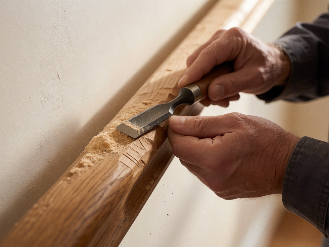 Close-up of a chisel carving wood, showing sawdust and wood grain texture with natural lighting