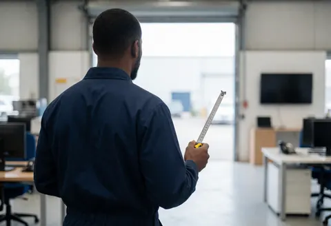Back view of a technician holding a tape measure in an industrial installation area with an open garage door.