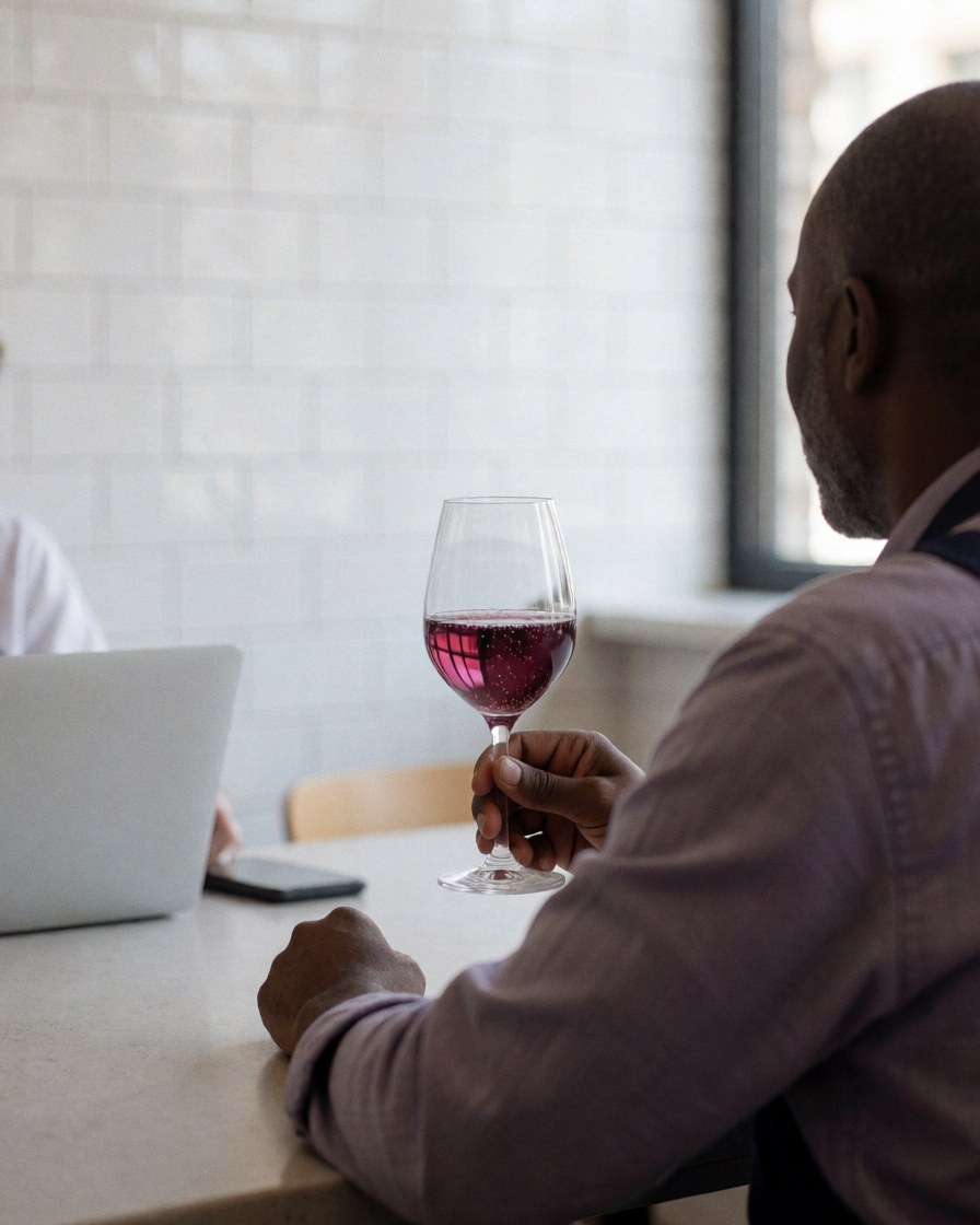 A happy customer holding a glass of wine in a bright kitchen with white tiles and a dining table.