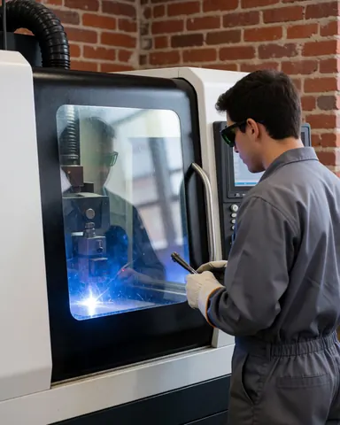 A worker wearing safety glasses watches a laser cutting machine operate in an industrial setting with a red brick wall.