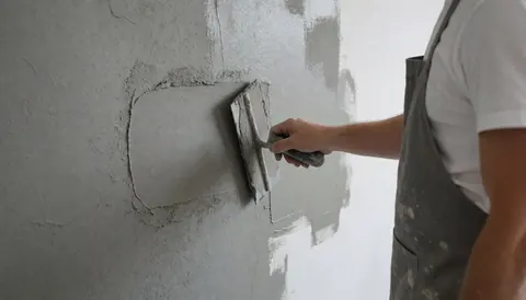 Close-up of a painter using a trowel to apply textured decorative cement to a wall for a painting business