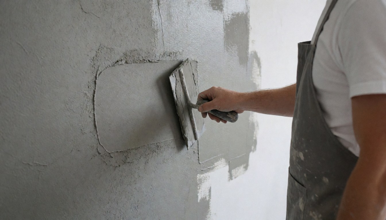 Close-up of a painter using a trowel to apply textured decorative cement to a wall for a painting business