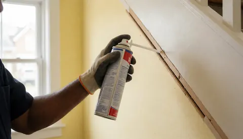 Technician applying repair foam to a crack in a wooden staircase during a service call
