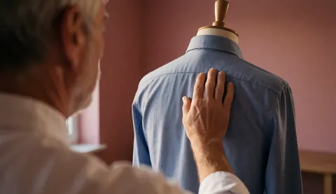 A hand carefully adjusting a blue shirt on a mannequin in a workshop with pink walls and warm lighting for shirt repair services
