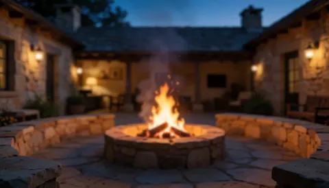 Fire burning in a stone fireplace in a rural courtyard at sunset with stone walls and warm background lights