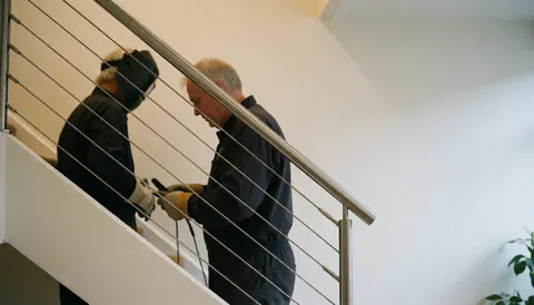 Two workers install a steel railing on a modern staircase with white walls, showing the installation process.