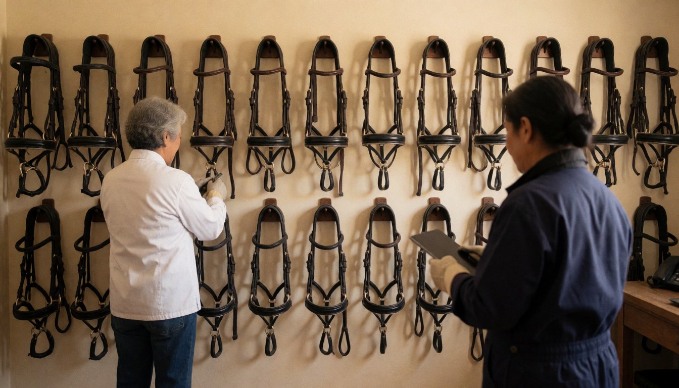 Two people inspect horse tack hanging on a wall in a tack room, one wearing gloves and the other using a tablet.