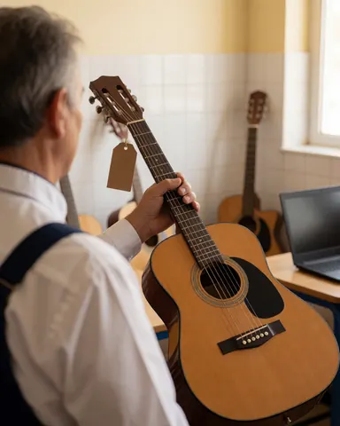 A student holding a new acoustic guitar with a price tag in a tiled music classroom with a laptop in the background