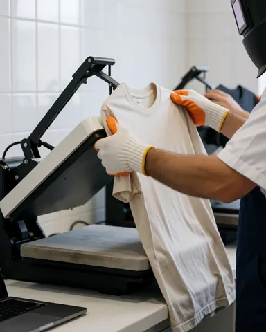 Worker removing freshly printed t-shirt from heat press with protective gloves in a textile printing shop