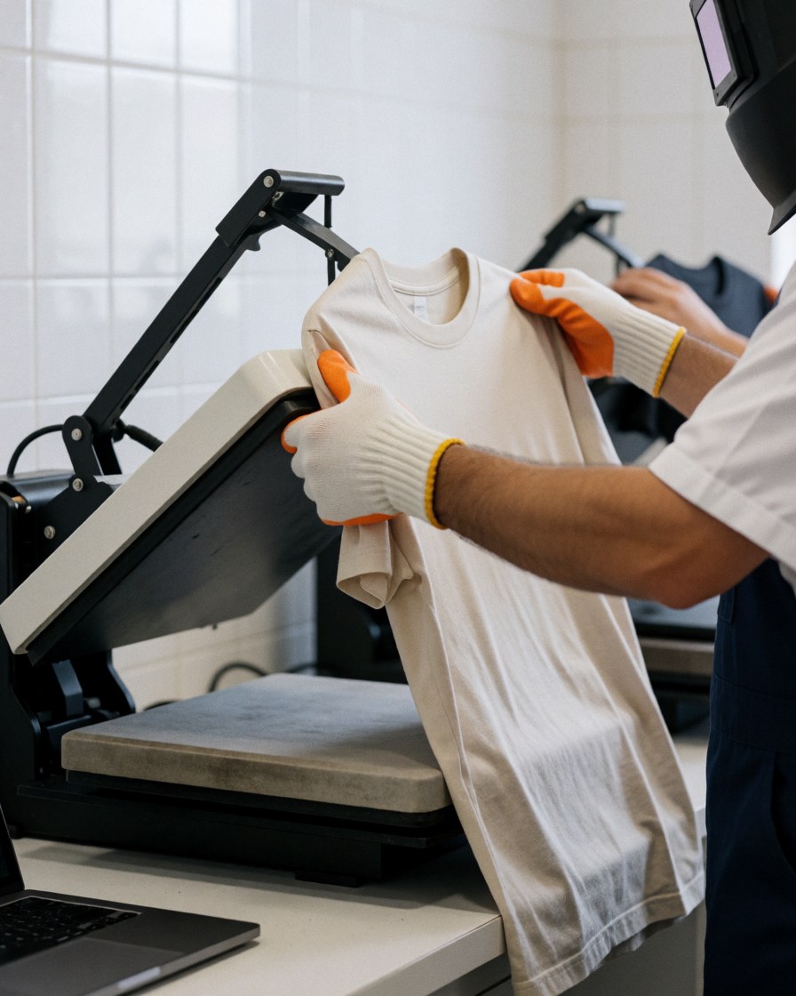Worker removing freshly printed t-shirt from heat press with protective gloves in a textile printing shop