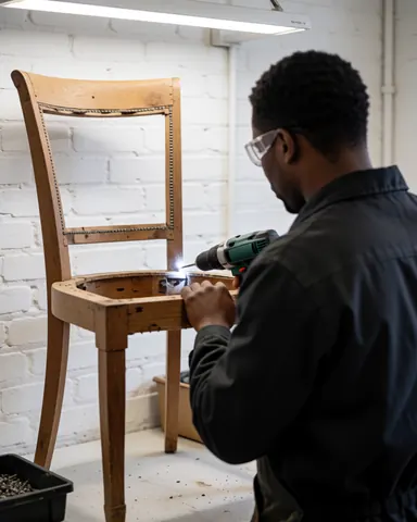 Technician using an electric drill on a wooden chair in a well-lit workshop with a white brick wall