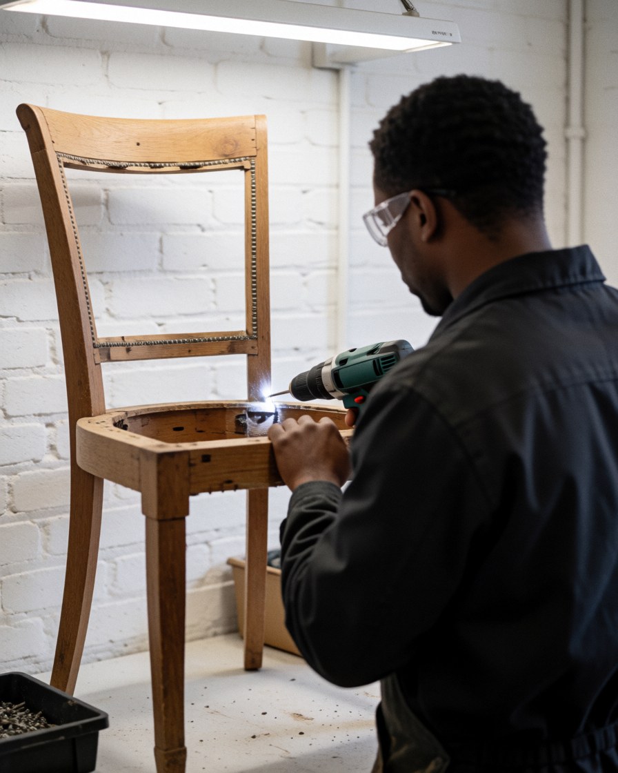 Technician using an electric drill on a wooden chair in a well-lit workshop with a white brick wall