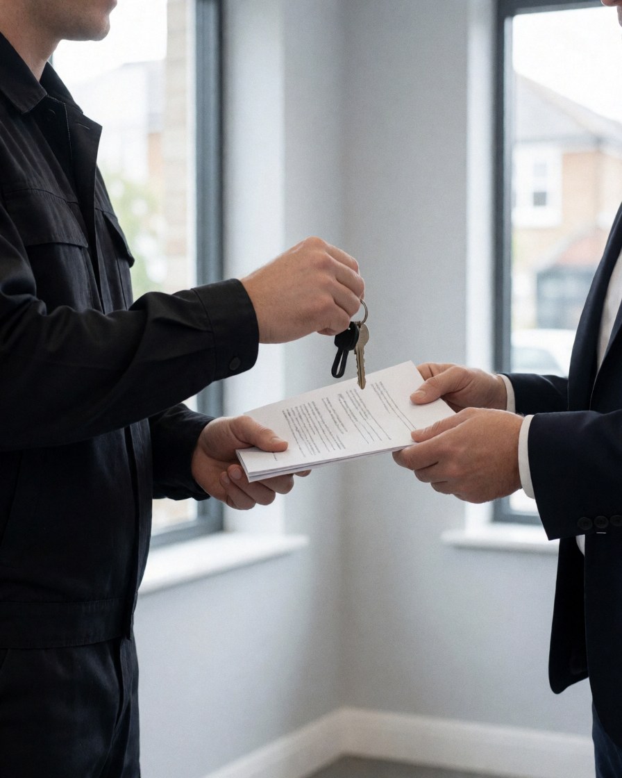 Security technician hands over keys and manual to client in modern office with large windows and gray walls