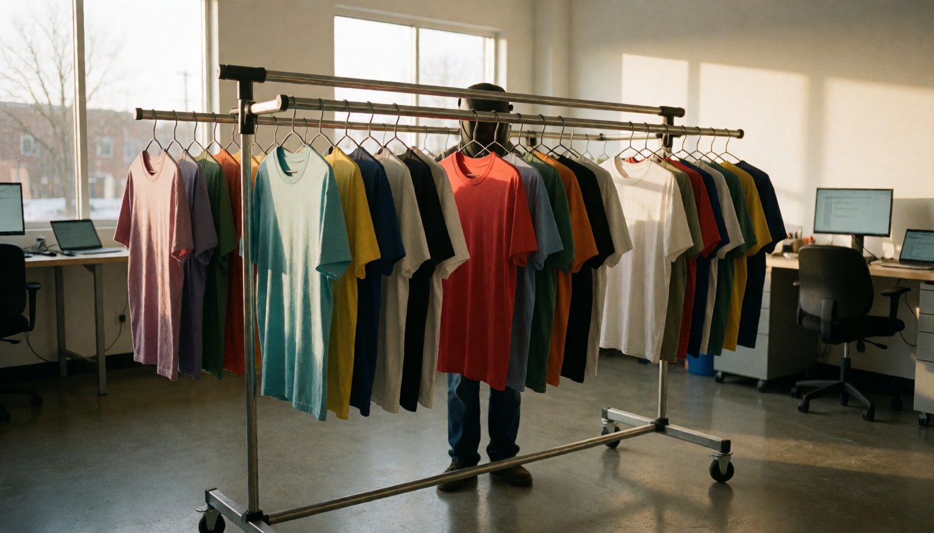 Colorful t-shirts hanging on a metal rack in a textile printing workshop with natural light and polished concrete floor