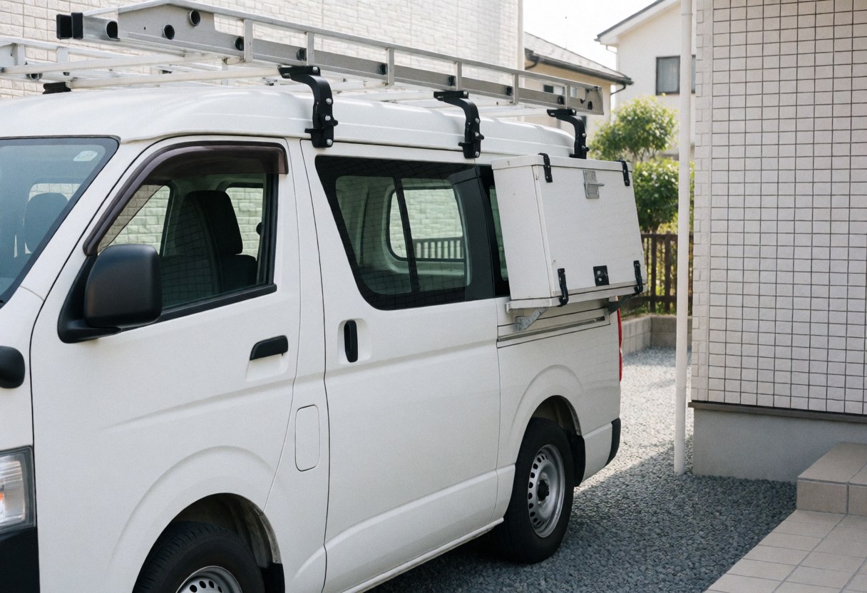 White commercial van equipped with ladder racks and a toolbox parked on gravel in front of a house with white tiled walls, ready for window installation.