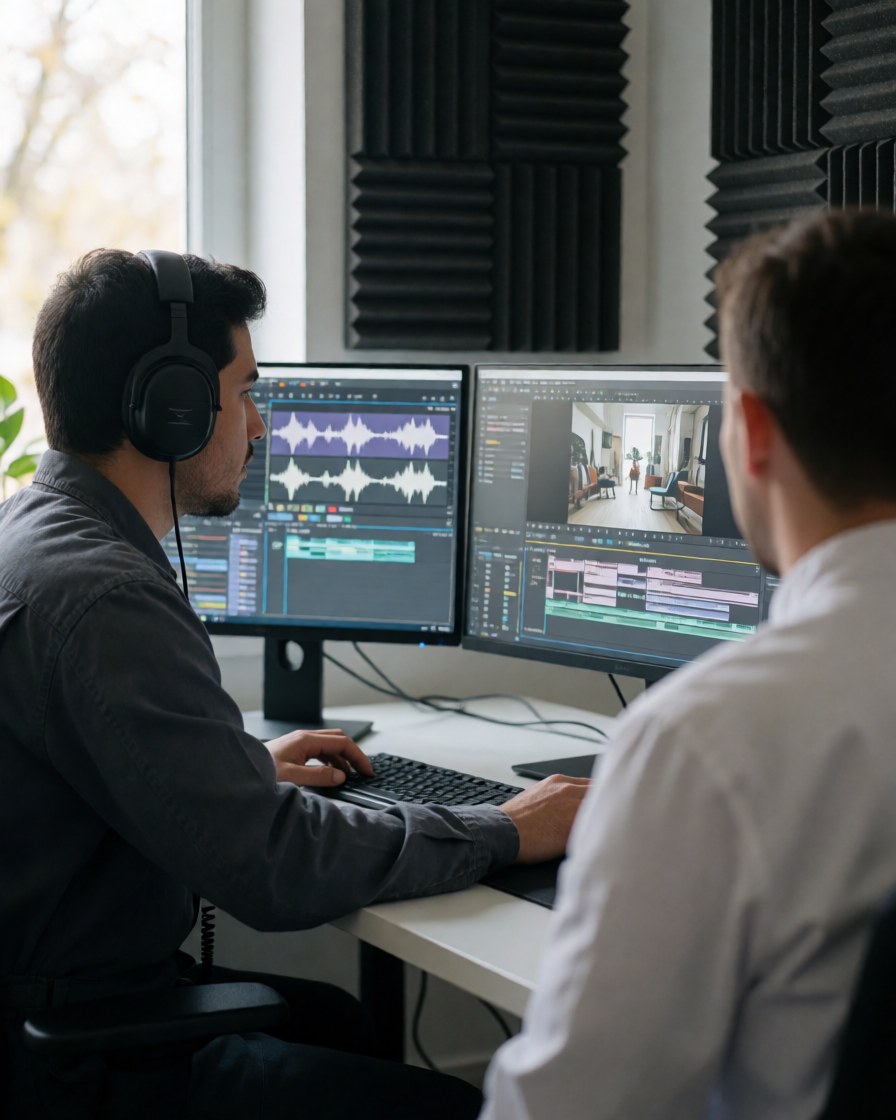 Video editor and client reviewing footage on dual monitors in a studio with acoustic panels