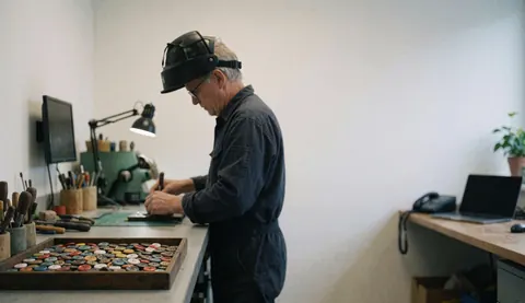 Workbench in a console repair shop featuring a tray of colorful buttons and tools ready for service.
