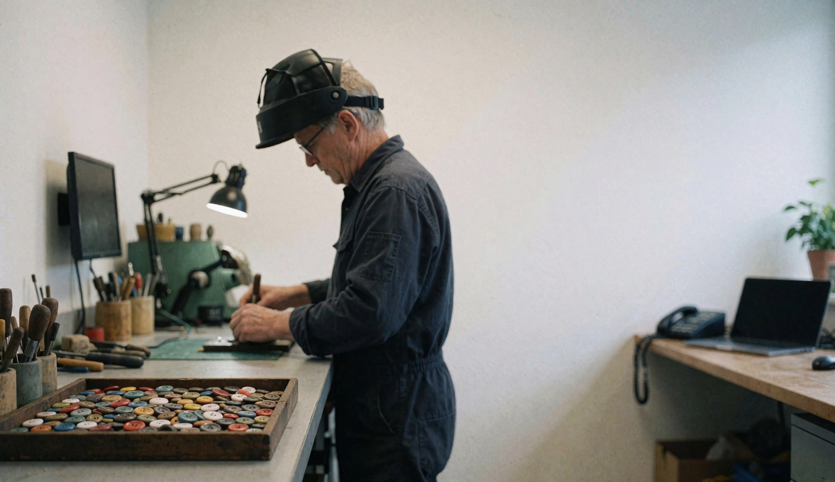Workbench in a console repair shop featuring a tray of colorful buttons and tools ready for service.