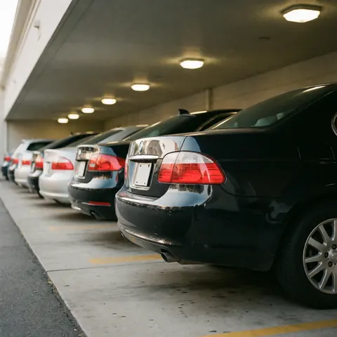 A row of parked cars inside a covered garage with ceiling lights, concrete walls, and a concrete floor.