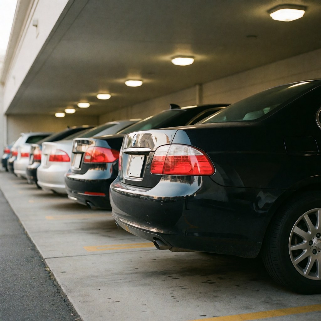 A row of parked cars inside a covered garage with ceiling lights, concrete walls, and a concrete floor.