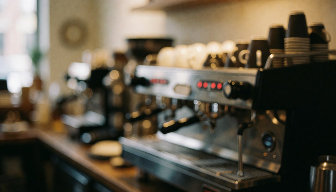 Blurred background of a coffee shop featuring a coffee machine and stacked cups with warm lighting, ideal for text placement