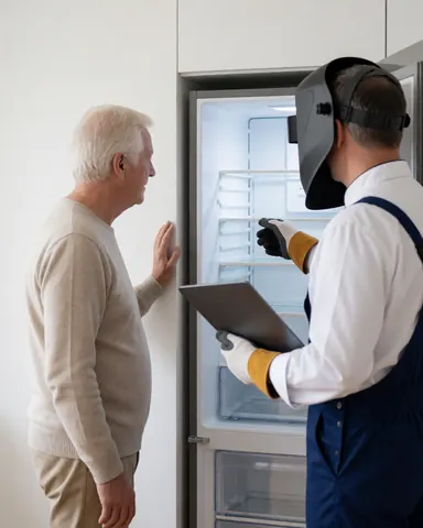 Technician with welding helmet and client standing in front of open refrigerator in modern kitchen