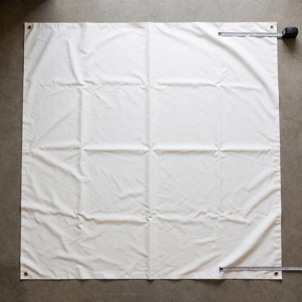 White heavy-duty awning cloth with metal corner hooks laid on concrete floor alongside a measuring tape for installation