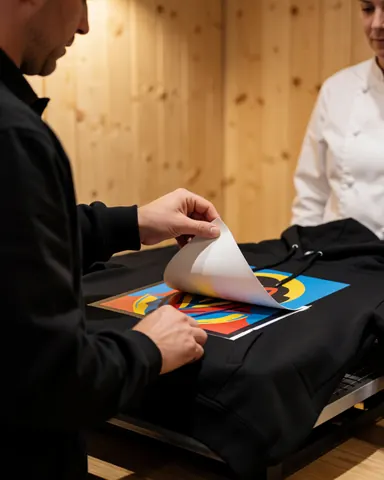 Technician peels film from a black hoodie with a colorful design while a client watches in a warm workshop.