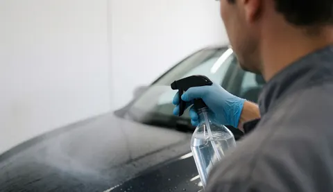 A professional wearing a blue glove sprays a black car with a hose in a workshop with a white wall, showing vehicle washing service.