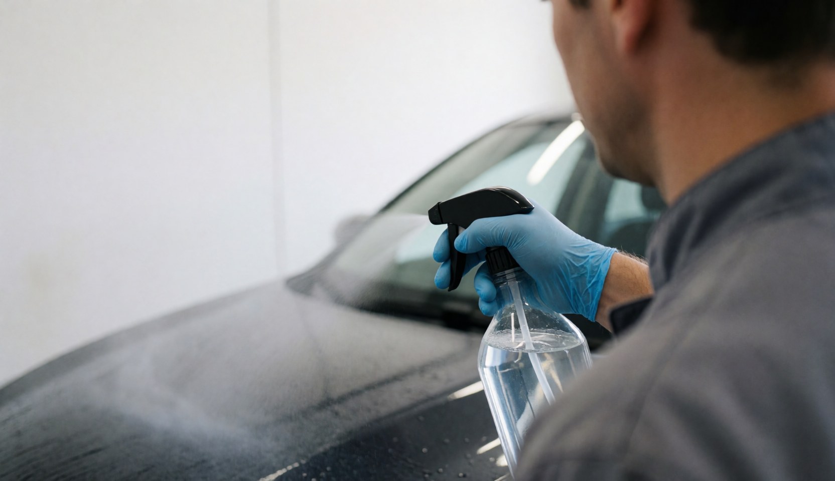 A professional wearing a blue glove sprays a black car with a hose in a workshop with a white wall, showing vehicle washing service.