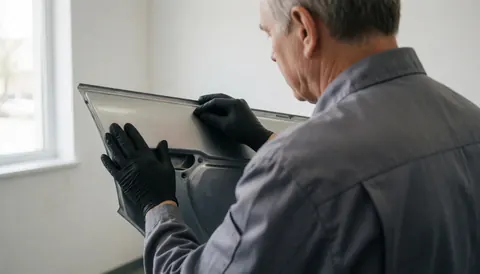 Technician wearing black gloves inspects a car door panel in a workshop with natural light and a white wall.
