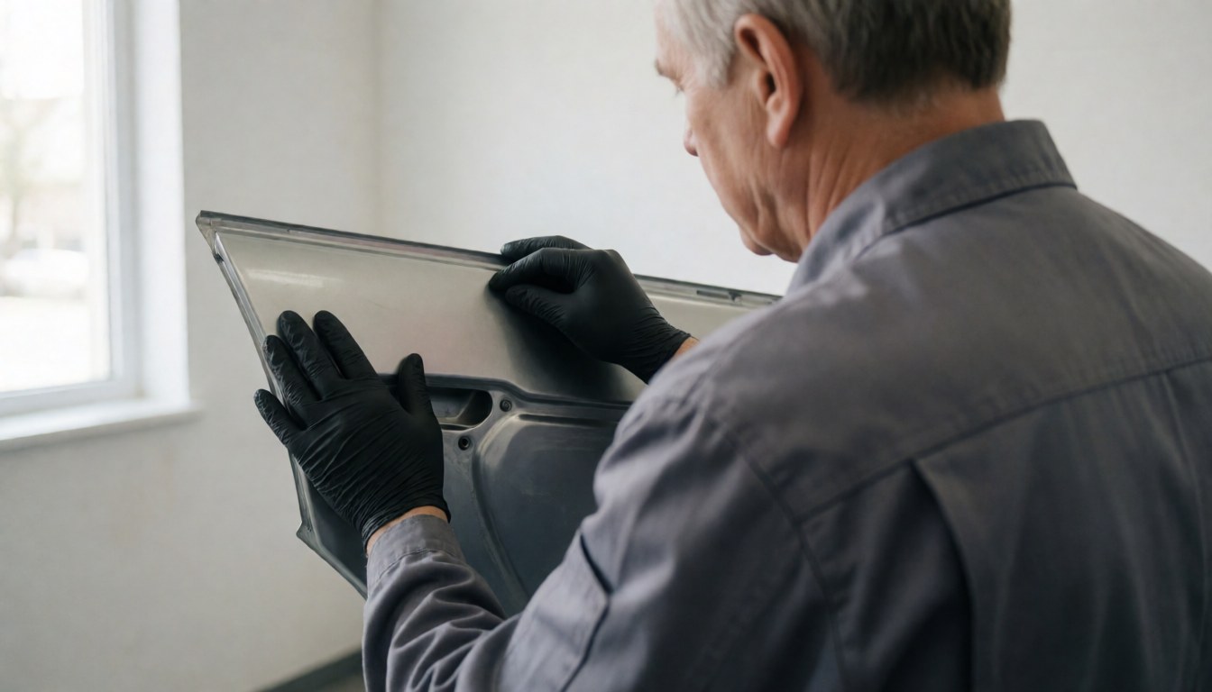 Technician wearing black gloves inspects a car door panel in a workshop with natural light and a white wall.