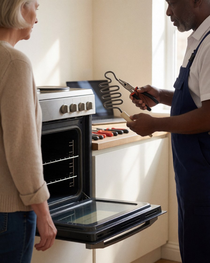 Oven repair technician displays a damaged heating element to a customer in a kitchen with natural light.