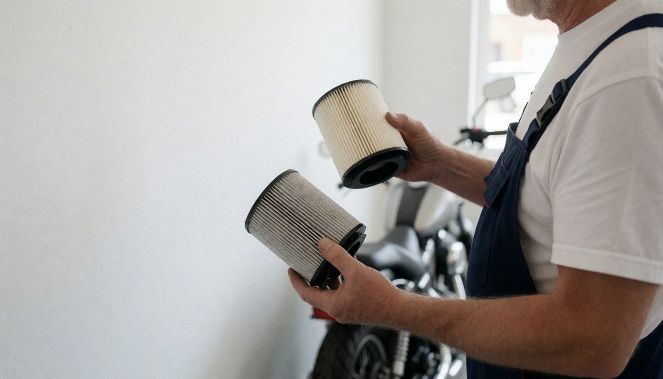 Close-up of a mechanic holding a new and a used air filter side by side for comparison during a motorcycle service.