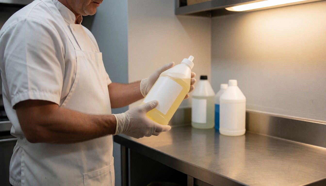 Technician holding a descaler bottle in a kitchen setting, demonstrating cleaning supplies and professional service equipment for dishwasher maintenance.