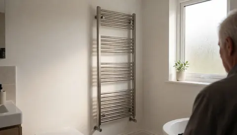 Heated towel radiator in a modern bathroom with white walls and natural morning light, providing copy space for advertising.