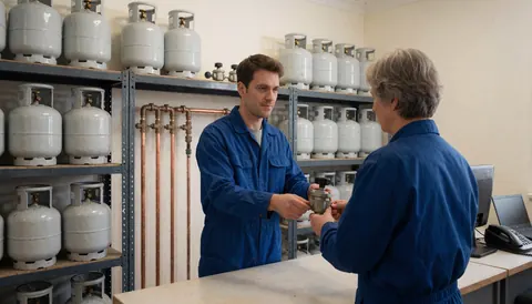 A technician in a blue uniform hands a gas regulator to a customer in a warehouse with LPG tank shelves and copper pipes.