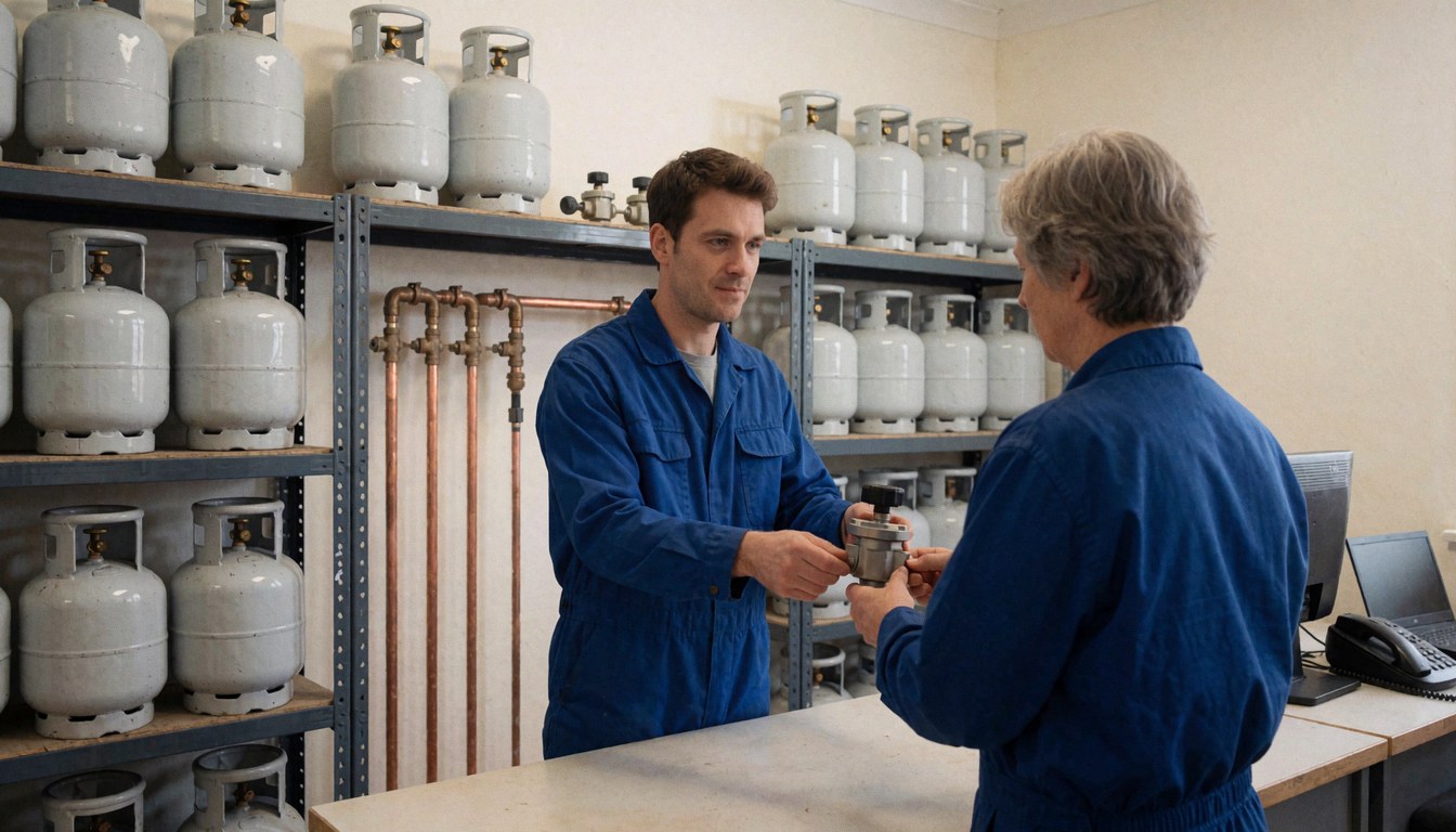 A technician in a blue uniform hands a gas regulator to a customer in a warehouse with LPG tank shelves and copper pipes.
