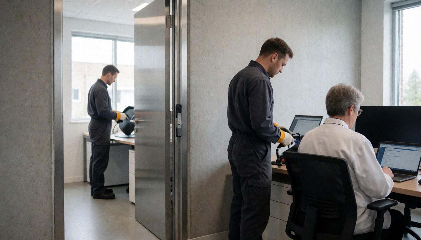 Technician installing an electric lock on a steel office door in a modern hallway with tools visible