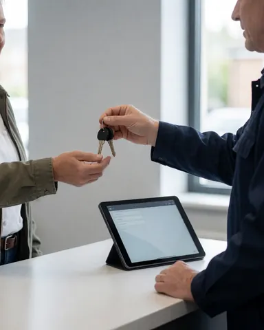 A mechanic in uniform hands car keys to a satisfied customer at a service counter while holding a tablet.