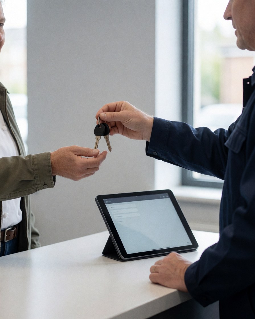A mechanic in uniform hands car keys to a satisfied customer at a service counter while holding a tablet.