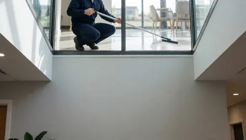 Worker in blue uniform cleaning a large glass window with a squeegee, polished floor reflecting sunlight, clean white walls.